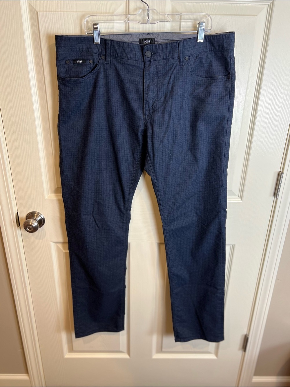 BOSS Mens Navy window pane Maine Regular Fit pants 39 34